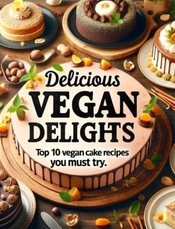 Cover image for the blog post 'Delicious Vegan Delights: Top 10 Vegan Cake Recipes You Must Try,' featuring various beautifully decorated vegan cakes such as chocolate, carrot, and lemon poppy seed cakes arranged artistically on a table.