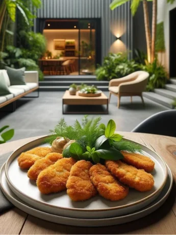 Golden-brown breaded chicken cutlets elegantly served on a white plate, garnished with fresh herbs, set on a wooden table in a lush garden setting.