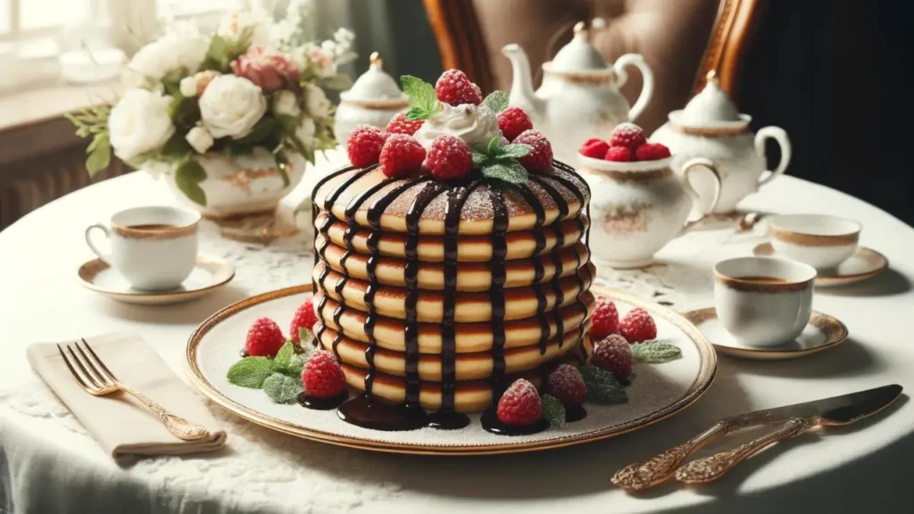 Pancakes stacked high, drizzled with chocolate syrup and dusted with powdered sugar, beside fresh raspberries and mint on a finely decorated table in a wide 16:9 format, emphasizing the sophistication of the setting.
