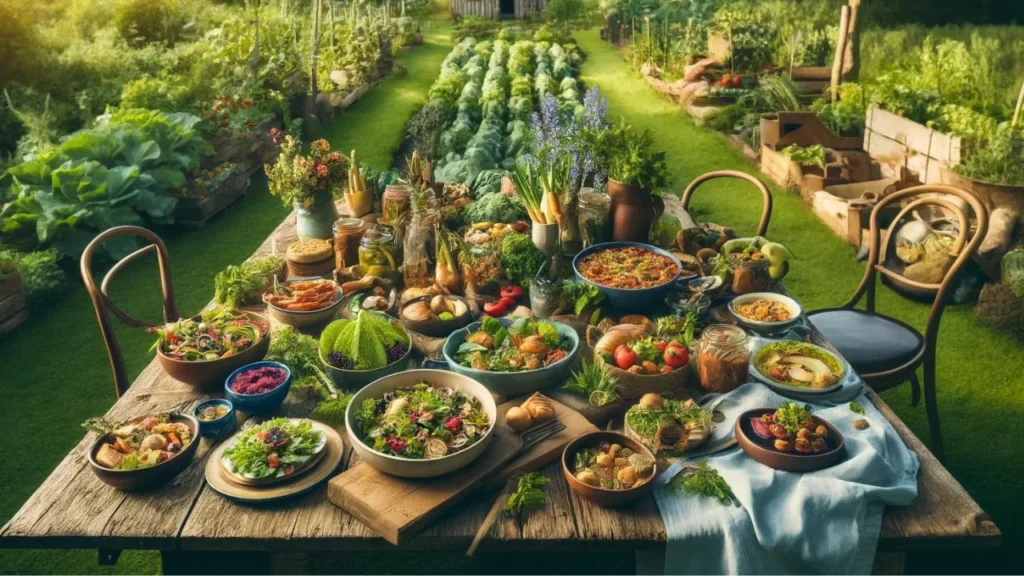 A rustic farm-to-table setting in a lush garden, featuring a wooden table filled with diverse dishes, from vibrant salads to hearty stews, surrounded by vegetable patches and fruit trees, under a clear sky, celebrating sustainable agriculture and the beauty of local ingredients."