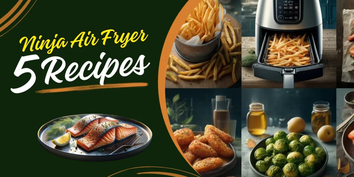 Collage of five air fryer dishes including crispy French fries, golden chicken wings, succulent salmon fillets, caramelized Brussels sprouts, and cinnamon-sprinkled apple chips, showcasing the versatility and delicious results of cooking with a Ninja Air Fryer.