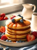 A stack of golden brown fluffy pancakes topped with butter and drizzle of maple syrup, surrounded by blueberries and strawberries on a white plate in a sunny breakfast nook.