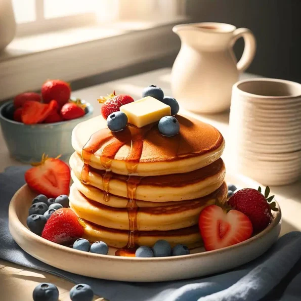 A stack of golden brown fluffy pancakes topped with butter and drizzle of maple syrup, surrounded by blueberries and strawberries on a white plate in a sunny breakfast nook.