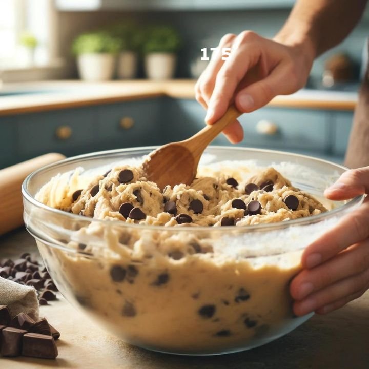 Chocolate chips and nuts being folded into cookie dough with a wooden spoon, in a home kitchen.