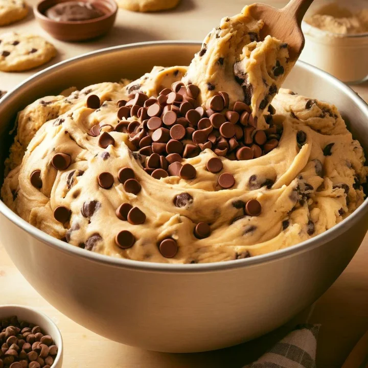 The process of folding in chocolate chips into cookie dough, showing a spatula gently incorporating the chocolate chips to evenly distribute them throughout the dough. A crucial step for making perfect chocolate chip cookies.