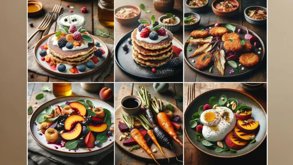  breakfast and appetizer display featuring Porridge Pancakes topped with berries and honey, Crispy Anchovy & Sage Fritters, a colorful Roasted Root Vegetable Medley, and Grilled Peach and Burrata Salad, all served on a wooden table, embodying the essence of farm-to-table dining