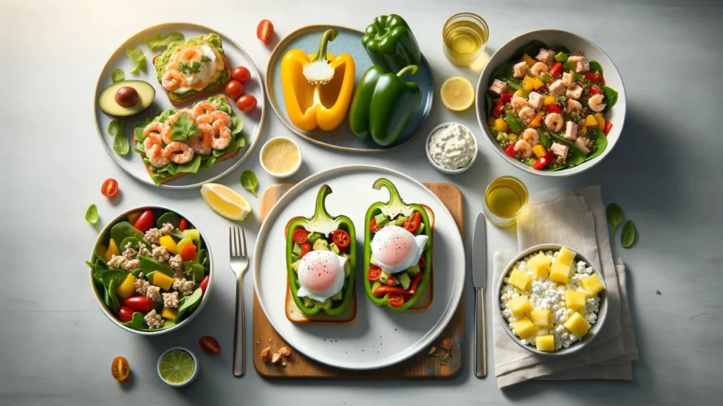 A photo-realistic image featuring a day's meals, with creamy avocado toast and poached eggs for breakfast, colorful tuna-stuffed bell peppers for lunch, a vibrant shrimp stir-fry with quinoa and greens for dinner, and a bowl of cottage cheese with pineapple for a snack.