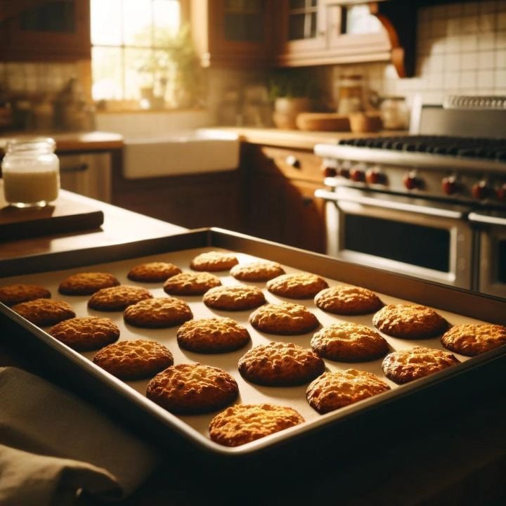 Freshly baked cookies with golden brown edges on a baking sheet, straight from the oven in a warm kitchen.