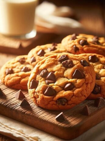 Four Nestle Toll House cookies, golden brown with chunks of chocolate chips, placed on a wooden board.