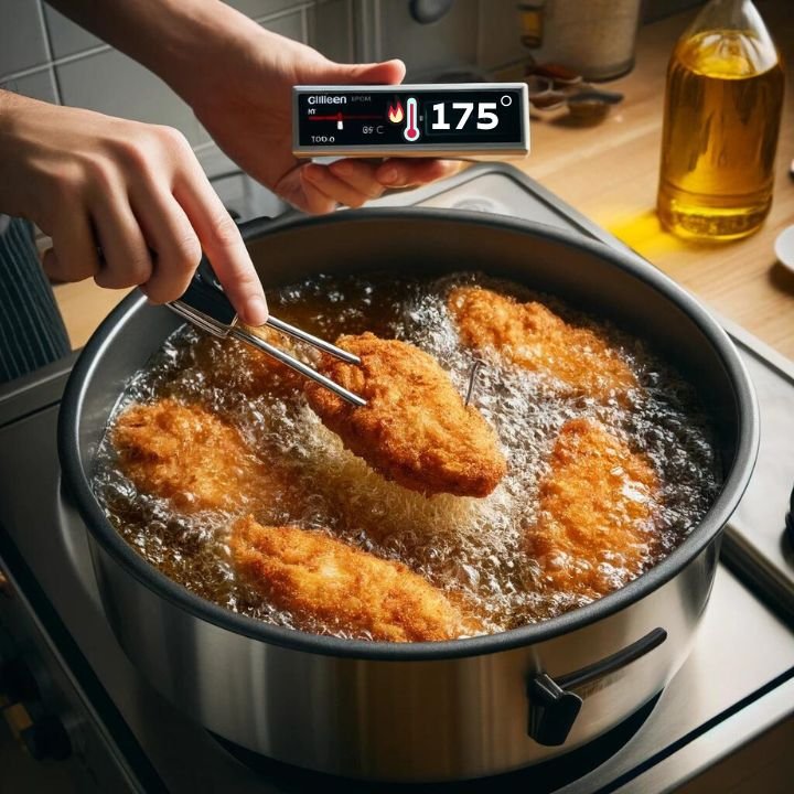 A person frying chicken breasts in a deep fryer or skillet, using a thermometer to check that the chicken reaches the proper temperature, set in a well-lit kitchen with cooking tools and oil.