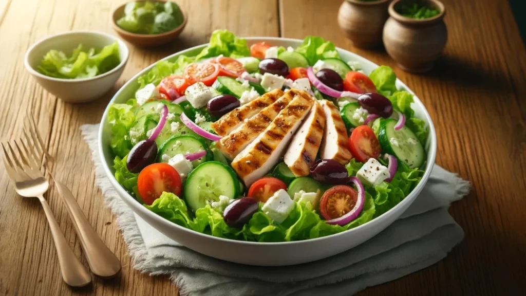  A wide view of a Greek Chicken Salad  recipe in a white bowl on a wooden table, featuring romaine lettuce, cucumbers, tomatoes, onions, olives, feta, and grilled chicken, in an elegant setting.