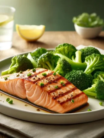 A healthy and visually appealing dish featuring perfectly grilled salmon with a slightly charred exterior and a tender pink interior, accompanied by a bright green, crunchy steamed broccoli salad. The meal is garnished with lemon slices and fresh herbs.