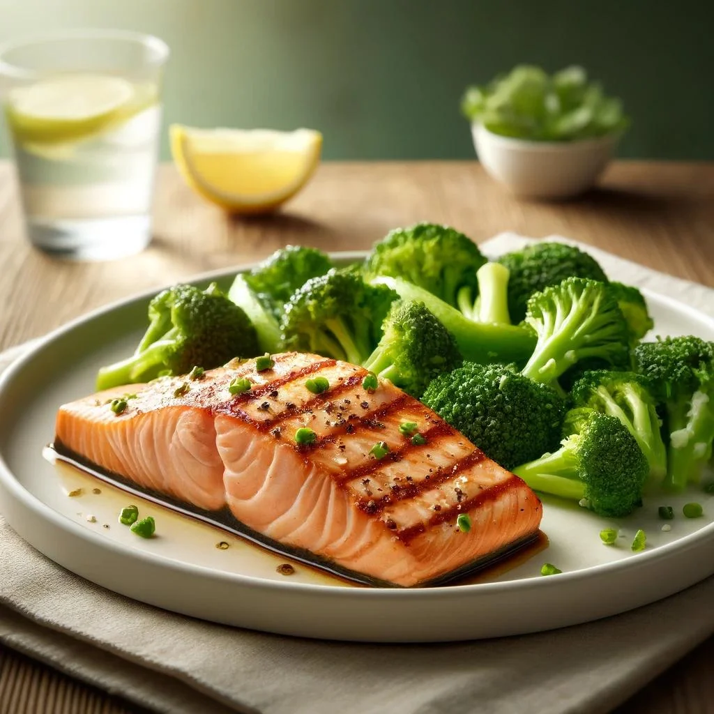 Grilled Salmon with Steamed Broccoli Salad