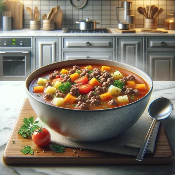 Hamburger Soup recipe in a bowl, featuring ground beef, tomatoes, carrots, and potatoes, set in a modern kitchen with sleek appliances.