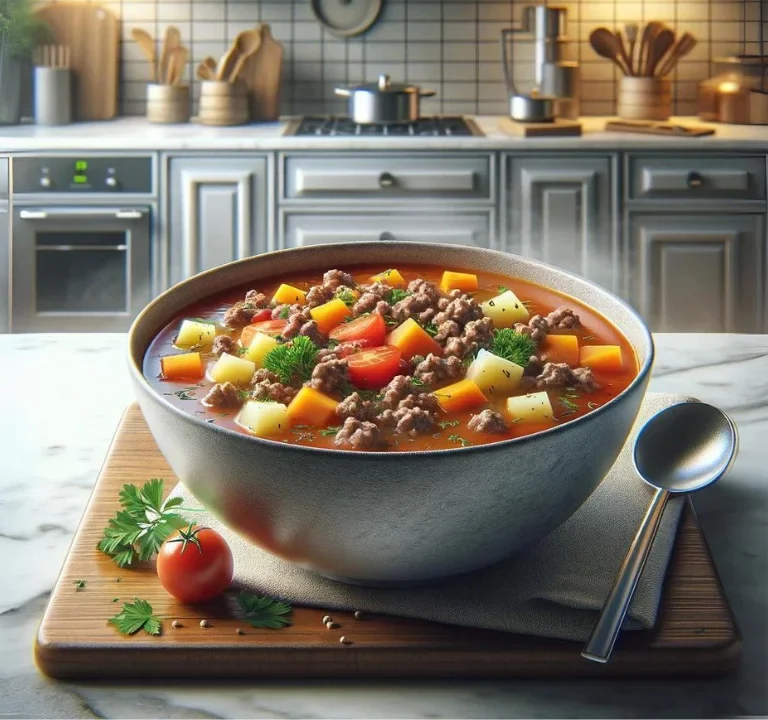 Hamburger Soup recipe in a bowl, featuring ground beef, tomatoes, carrots, and potatoes, set in a modern kitchen with sleek appliances.