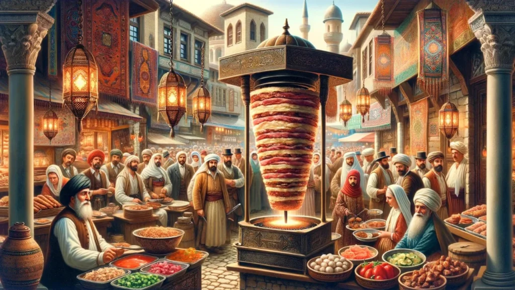 A scene from 19th century Ottoman Bursa with a Shawarma stand, people in traditional attire, and a bustling market setting featuring traditional foods and crafts.