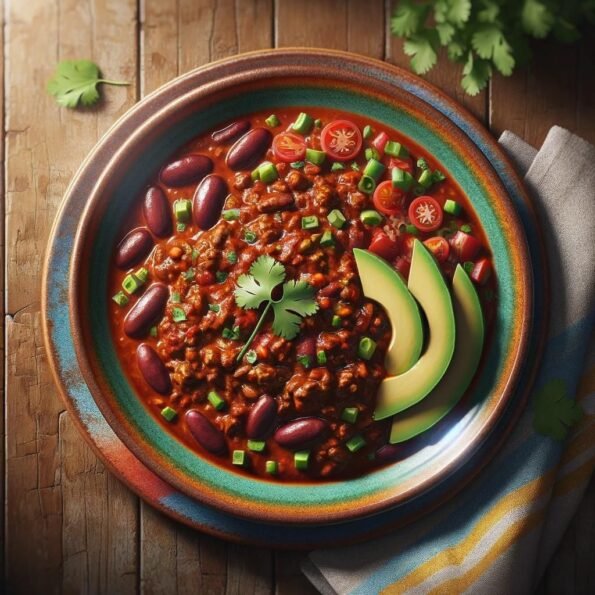 A photo-realistic image showcasing a plate of Chilli Con Carne served on a colorful ceramic plate. The dish includes ground beef, kidney beans, and diced tomatoes in a rich, spicy sauce, garnished with fresh cilantro and slices of avocado. It's presented on a rustic wooden table, emphasizing a casual yet appealing home-cooked meal atmosphere.