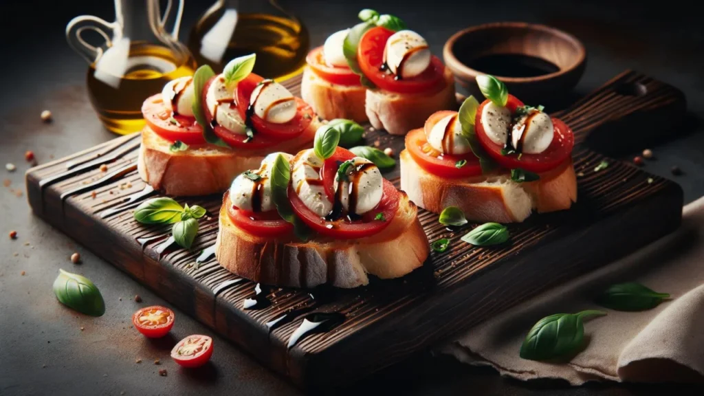 Wide shot of Italian Bruschetta recipe with slices of mozzarella, tomato, and basil on a dark wooden board, drizzled with balsamic glaze and olive oil, in a rustic yet sophisticated setting.