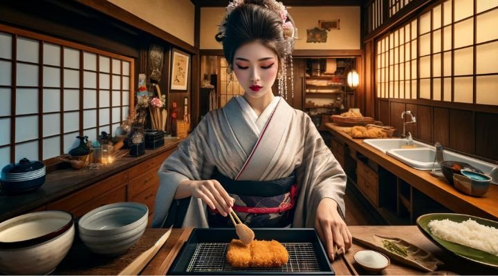Wide image of a Japanese woman chef in traditional dress and makeup preparing Chicken Katsu recipe in a culturally rich kitchen setting.