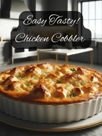 A freshly baked Chicken Cobbler on a white plate in a modern kitchen with stainless steel appliances and a marble countertop, showcasing a golden-brown crust with visible chicken and vegetables.