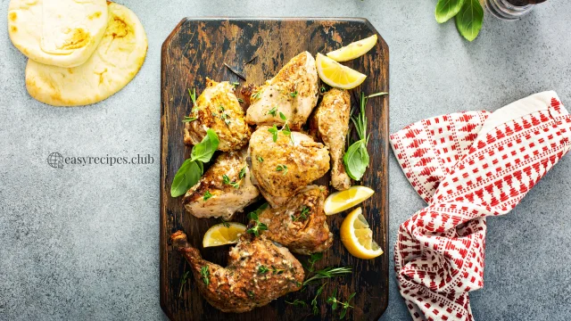 easy recipe: grilled chicken with lemons and herbs on a cutting board, it's actualy 