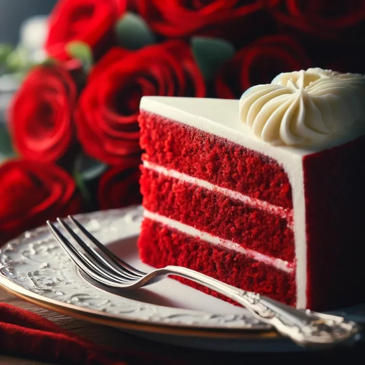 Close-up of a perfectly cut slice of red velvet cake on a porcelain plate, with a bouquet of red roses in the soft-focus background.