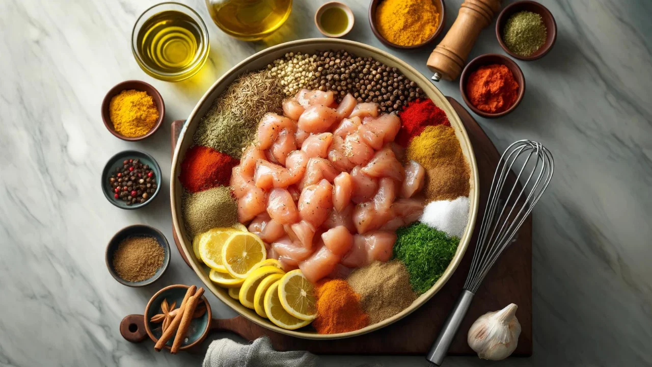 In a kitchen setting, a bowl is shown with a vibrant marinade mixture of spices and olive oil, with chicken strips being added and coated for an overnight marination.