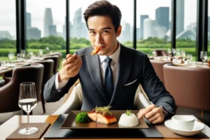 businessman in a suit enjoying a plate of fully cooked miso salmon in a luxurious hotel restaurant.