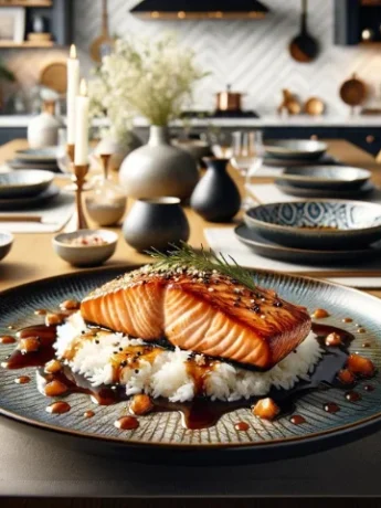 A beautifully plated dish of fully cooked and juicy miso salmon fillets served on top of rice with a generous amount of soy glaze drizzled over both, placed on a modern kitchen dining table.