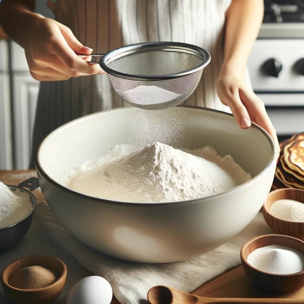 The process of mixing dry ingredients for pancakes, featuring a bowl with flour, baking powder, sugar, and a pinch of salt being whisked together. This step is crucial for ensuring the pancakes have the perfect texture and rise