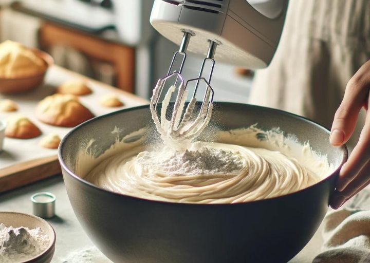 The process of mixing dry ingredients into cookie dough. Flour, sugar, baking powder, and salt are combined in a large mixing bowl to create a smooth and homogeneous dough for delicious cookies.