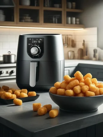 A modern kitchen with a sleek countertop featuring an air fryer and a serving dish of crispy, golden-brown tater tots.