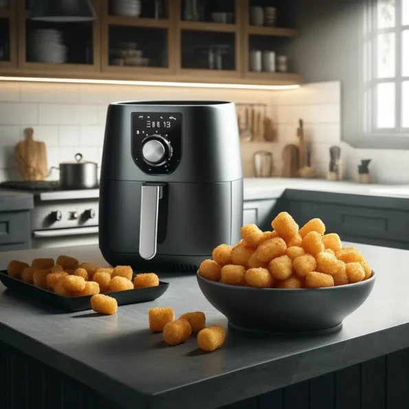 A modern kitchen with a sleek countertop featuring an air fryer and a serving dish of crispy, golden-brown tater tots.