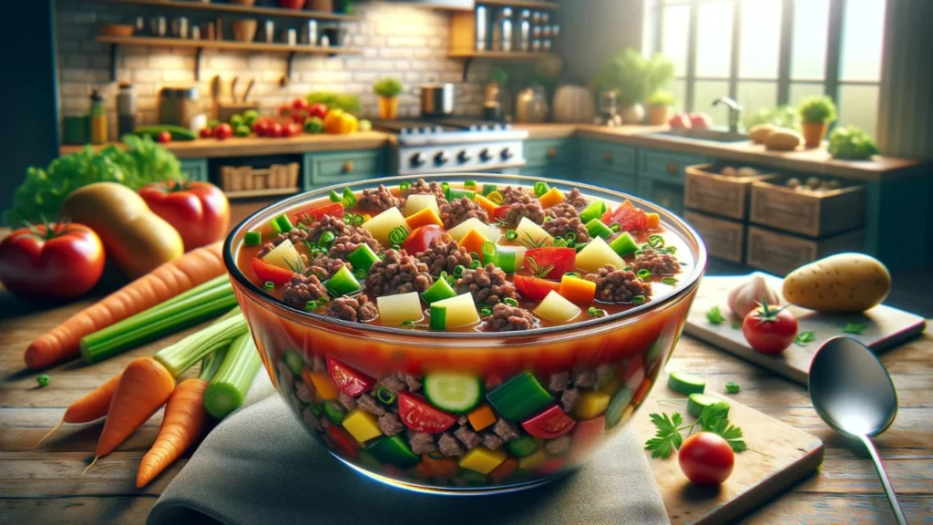Wide image of colorful Hamburger Soup recipe in a clear glass bowl, set in a kitchen with fresh vegetables on the counter, showcasing its health benefits and adaptability.