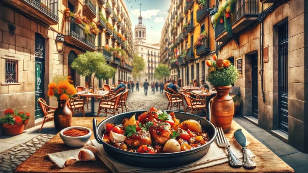 A small table at an outdoor café in Barcelona, set with a hearty Spanish chicken recipe dish. 