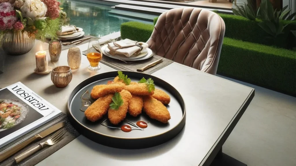 Crispy, golden-brown chicken cutlet recipe served on a sleek plate in a luxurious garden, featuring designer outdoor furniture and vibrant floral arrangements.