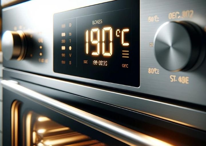 A digital display on a modern oven clearly shows a temperature setting of 190 degrees Celsius. The sleek, stainless steel oven is illuminated from within, highlighting the precise setting for baking.