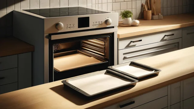 A modern kitchen with an oven set to 350°F (175°C). Two baking sheets lined with parchment paper are on the countertop, ready for baking.