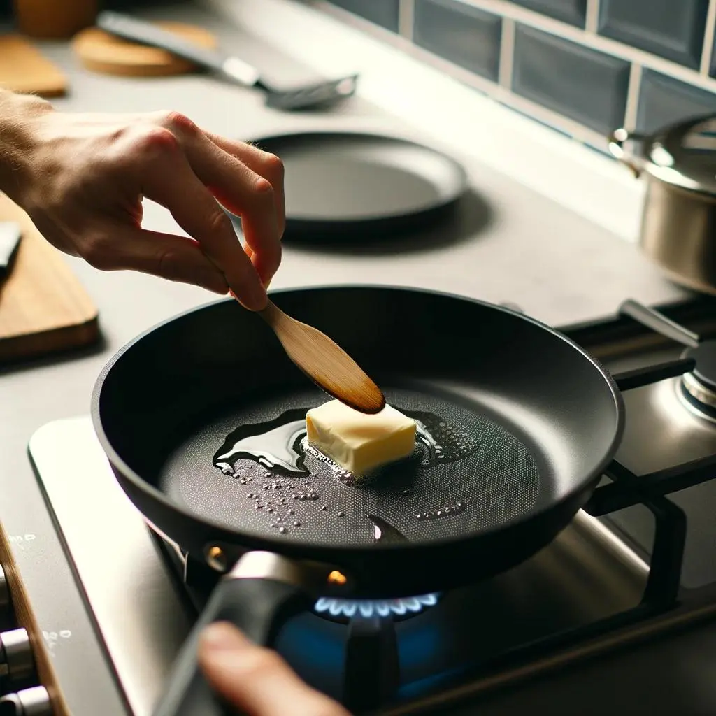 A non-stick skillet on a stove being greased with butter by a person's hand, with the butter starting to melt and sizzle, set in a modern and clean kitchen environment ready for cooking pancakes.