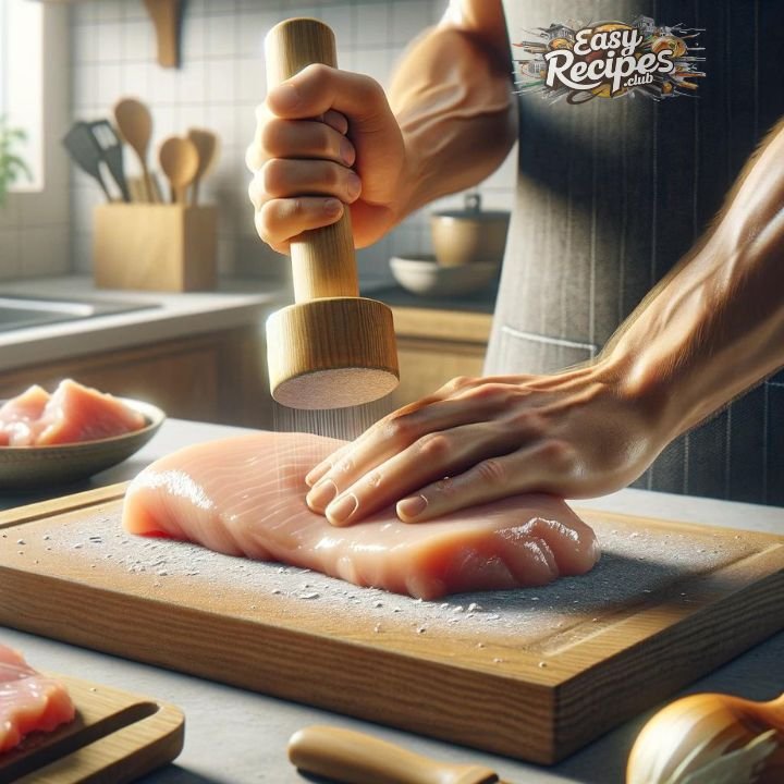 A person flattening a chicken breast with a meat mallet on a kitchen counter surrounded by typical kitchen utensils and a cutting board.