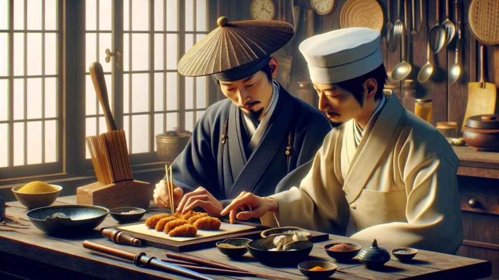 two chefs in a 19th-century Japanese kitchen, one in traditional Japanese attire and the other in a Western chef uniform, collaborating on the preparation of Chicken Katsu.