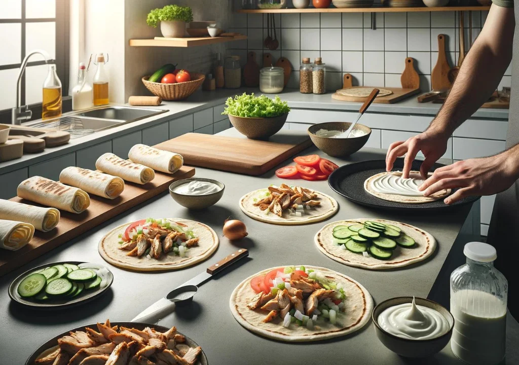 A kitchen scene depicting the preparation of Chicken Shawarma wraps, with pita breads spread with yogurt or tahini sauce and topped with fresh cucumber, tomato, and onion slices.