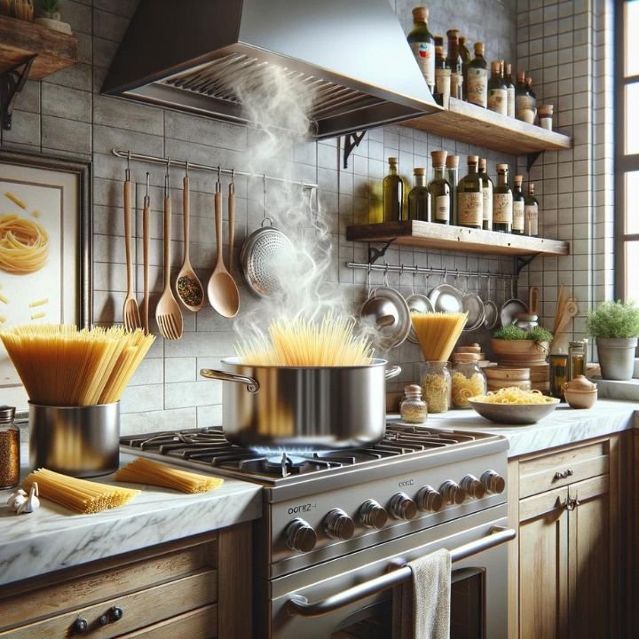 A large pot of boiling water with spaghetti in a modern Italian kitchen.