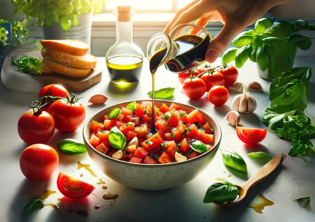 A vibrant scene in a bright kitchen showing the preparation of a tomato topping for Italian Bruschetta.