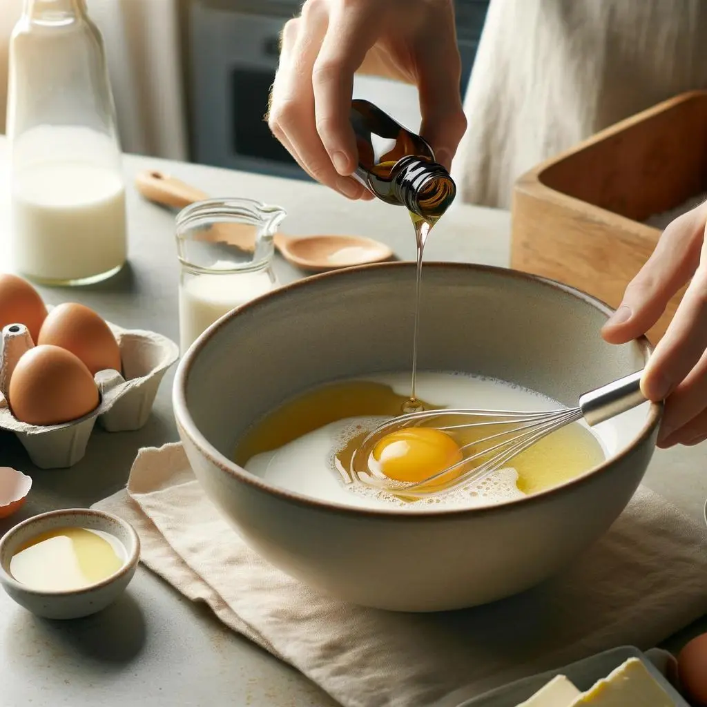 A kitchen scene with a bowl where an egg is beaten and combined with milk, melted butter, and vanilla extract, surrounded by other ingredients on a bright kitchen counter.