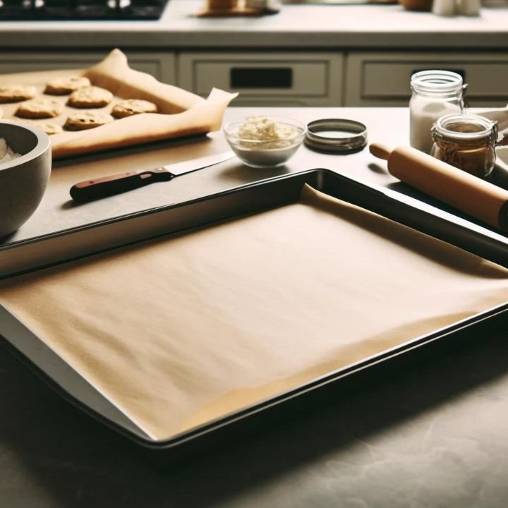 A clean baking sheet lined with parchment paper on a kitchen countertop, ready for cookie dough.