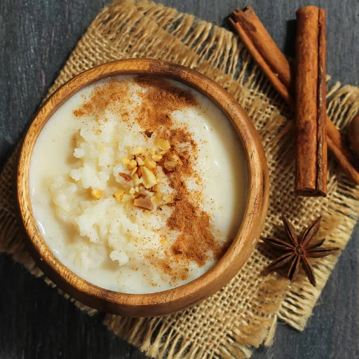 pudding with cinnamon and spices in a wooden bowl on a rustic background