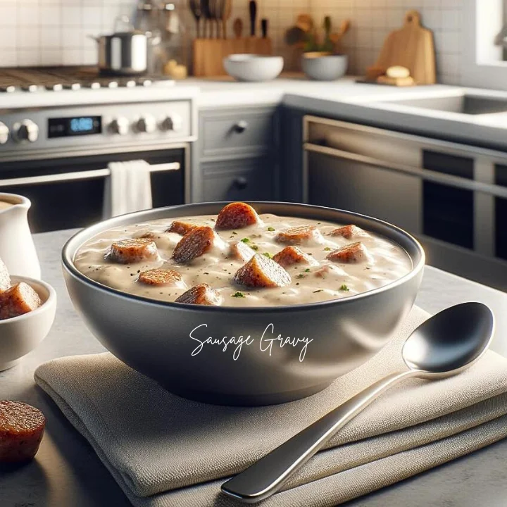 A bowl of creamy sausage gravy recipe in a modern kitchen with stainless steel appliances and a white countertop, emphasizing the rich texture of the sausage pieces.