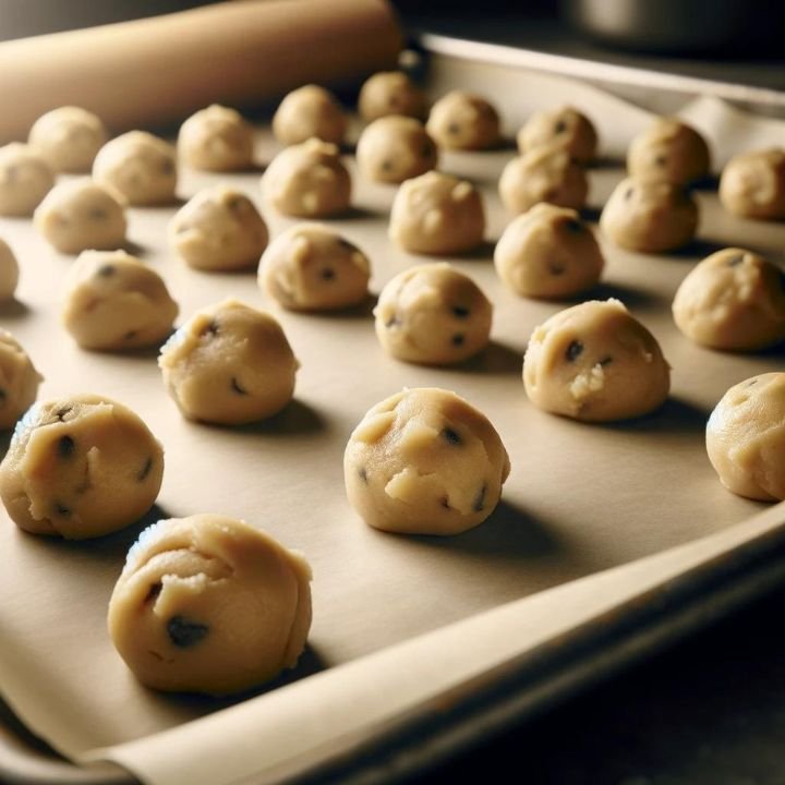 Rounded tablespoons of cookie dough spaced out on a parchment-lined baking sheet in a home kitchen.