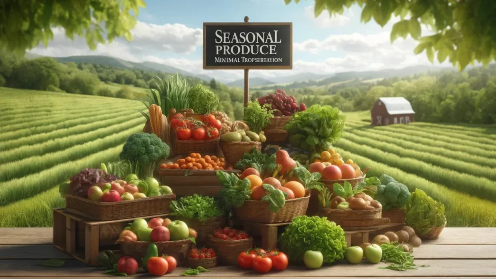 A vibrant farm market display filled with seasonal produce, including tomatoes, apples, and leafy greens, all showcased in baskets against a lush farm backdrop, emphasizing eco-friendliness and cost-effectiveness